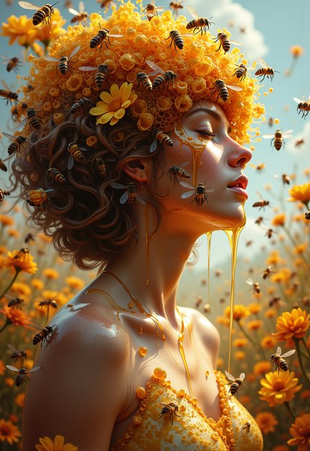Stunning beautiful, masterpiece, raw quality, best quality, extremely detailed.Create a semi-realistic painting of a person with a beehive instead of a head, embodying an intriguing blend of nature and humanity. Surround them with a flurry of buzzing bees, creating a dynamic and lively atmosphere. Lot of honey drips from the openings of the hive, to the lips, glistening in the light and pooling around their shoulders, honey flows down onto the chest, enveloping the body. The background features a dreamy landscape filled with vibrant flowers, enhancing the surreal quality of the scene. Capture the person's body language, suggesting a calm yet whimsical demeanor, as if they are at one with the swarm of bees. The lighting should be warm and inviting, casting soft shadows that highlight the textures of the beehive and the sweetness of the honey. This composition aims to evoke a challenging the viewer's perception of identity and nature.
<lora:ImageUpgraderV2:0.65> detailmaximizer  <lora:ARTifacts:0.55> art1fact <lora:fluxenhancer:0.3> fluxenhancer