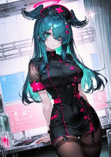 zPDXL3 Real score_9, score_8_up, score_7_up, score_6_up source_anime, highly detailed, sharp, intricate details, rating_safe rating_sensitive, rating_explicit, masterpiece, best quality, good quality, bright eyes light particles lens flare amazing quality, very aesthetic, very awa, absurdres, newest,
<lora:yoneyamaiXLNBVP1lokrV6311PZ:0.5>, <lora:NARUEforill:0.5>
<lora:nhl-001:0.4> nhl-001 film grain multicolored background  <lora:ponyv4_noob1_2_adamW:0.4>
medium breasts, dynamic pose, dynamic angle,
optical illusion, ssambatea, quasarcake, Fishine, arutera, soresaki, reoen, sanbonzakura, askzy, negative space, see-through, made of, neon light, detailed background,
niji-pendora,large breasts,heterochromia,green eye,symbol pupils,+_+,blue-green hair,streaked hair,head wings,long hair,hair ornament,x hair ornament,hair over one eye,covered one eye,
indoors, (nurse:1.2), (angel halo), (angel wings), hospital, tights
<lora:niji-elira:0.7>