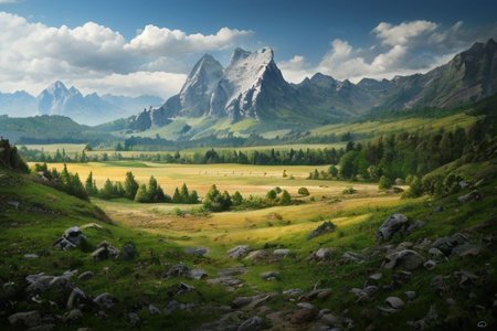 a photorealistic landscape with very close high mountains across the horizon, with lots of fields, woods and meadows stretching out before them and with a fortified town inside of them, ultra realistic, highly detailed, RAW photo, (masterpiece:1.3), subsurface scattering, heavy shadow, professional photography