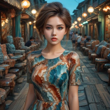 20 year old, blush, exotic, seductive, smirk, fashion, model, fine art photography, iconic, dynamic angle, dynamic pose, macro, photograph, intricate background, Vietnamese (fashion icon:1.2) , Artistic, Gold hairstyle, Aesthetically Pleasing Turquoise Eyes, at Blue hour, wearing a short dress made of Petrified Wood,  Frightening, Interpolation, Fujicolor Superia X-TRA 400, 50mm, Offset print, RAW photo, highly contrasted, contemporary fine detail, highly intricate, detailed, stunning