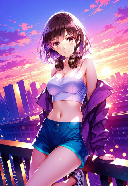 safe_pos, 1girl, solo, misaki kurehito, katou megumi, Megumi,brown hair, bangs,brown eyes, pupils ,medium breasts,short hair, 

dynamic view, dutch angle, dynamic angle, cinematic framing, (digital painting:0.8), auralora, (aura:0.2), mythp0rt, bokeh, (luminescent background:0.8), rooftop, sunset, cropped tank top, unzipped jacket, low-rise shorts, navel, light blush, cleavage, wind blown hair, headphones around neck, city skyline, golden hour, sitting on railing, sneakers, wristbands, relaxed pose, soft glow, urban theme , looking at viewer,

elegant, masterpiece, best quality, highly detailed, high contrast, dramatic shadows, raytracing, subsurface scattering,((detailed eyes))