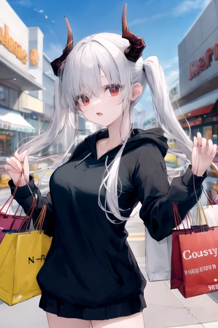 <lora:sarkazgirl-02:1>, BREAK white hair, horns, very long hair, twintails, red eyes, medium breasts, upper body, black hoodie, white legwear, cowboy shot, shopping, outdoor shopping strip