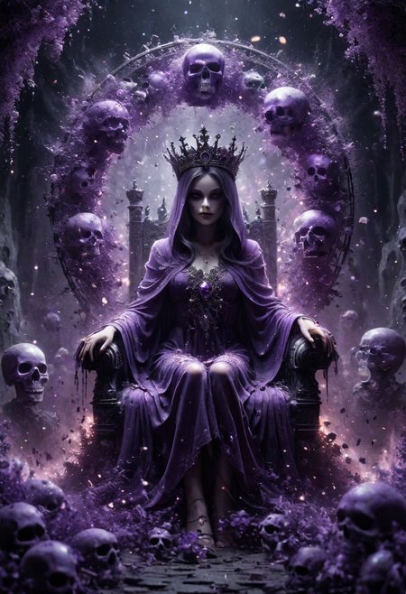 Digital art, concept art. the Queen of the Undead sits upon a Throne of skulls in a gloomy realm. Clad in purple dark toga with silver ornaments and draped in canvas hoods, she exudes both seduction and danger. Faded flowers surround her, contrasting with her chilling presence. A glowing magical circle pulsates at her feet, bending the elements to her will. Her eyes, twin orbs of ethereal radiance, convey a depth of darkness and power that warns of impending doom to all who dare oppose her. Bokeh blur. Colorful. BadDream, DEVIL SPAWN, ais-darkpartz, OverallDetail,