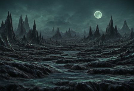 A beautiful landscape at night on an alien world, dramatic lighting, large moon in the sky, jade rocks, waterfalls, deep crevices, uhd, ultra-detailed, photography, f/8 photo, monoprone, nmskyrim