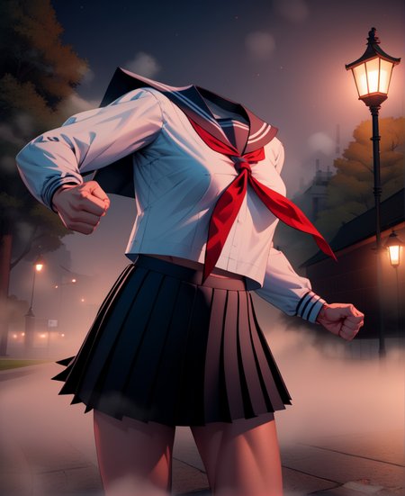 StudentofMisery,white shirt,neckerchief,pleated skirt,sailor collar,choker,headless,
standing,fighting stance,
night,fog,park,<lora:StudentofMisery:0.8>, solo,