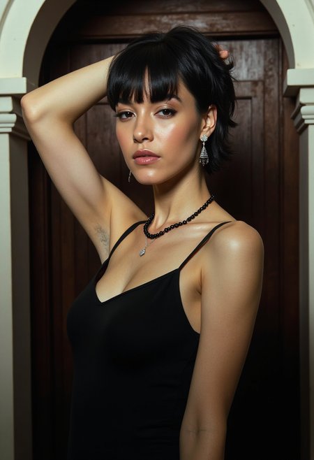 realistic photo of a thin woman with short black hair, She is wearing a sleeveless black dress with one of her arms up showing her armpit. She is standing in the entrance to a Limbo and is dressed very formally with small diamond earrings and a small black pearl necklace, armpitstubble