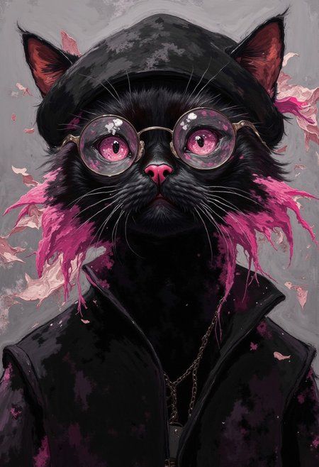 oil painting of a  black cat with pink hair wearing a black beanie and (wearing round glasses:1.2) and wearing a black turtleneck. visible brushstrokes, atmospheric haze, low key, moody lighting,watercolors,DB4RZ, DB4RZ style painting