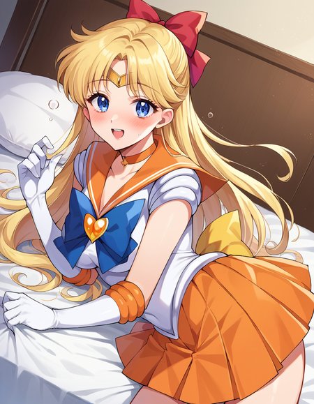 score_9, score_8_up, score_7_up, source_anime,
sailorvenus, <lora:sailor-venus-ponyxl-lora-nochekaiser:1>
sailor venus, blonde hair, blue eyes, bow, hair bow, half updo, long hair, red bow, tiara,
back bow, choker, elbow gloves, gloves, jewelry, magical girl, orange choker, orange sailor collar, orange skirt, sailor collar, sailor senshi uniform, school uniform, serafuku, skirt, white gloves,
indoors, bed, bed room, on side, blush, drunk,
looking at viewer, cowboy shot, dutch angle,