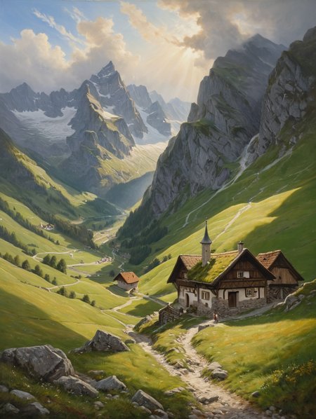 Oil Painting, in the Middle Ages , path over a steep mountain pass as the sun slowly rises over the peaks, mystical, stormy, masterpiece, high detail, 8k, intricate, detailed, high resolution, high res, ultra high quality, <lora:add-detail-xl:1.8>