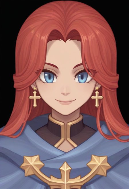 (Black background) <lora:afkArenaIllustrious:1>
afkArenaStyle, 1girl, female, solo, portrait, female focus, red hair, blue eyes, long hair, light skin, smile, looking at viewer, beautiful, blue cloak with gold trimming, cross earrings
Ragnarok online character
ROSPRITE