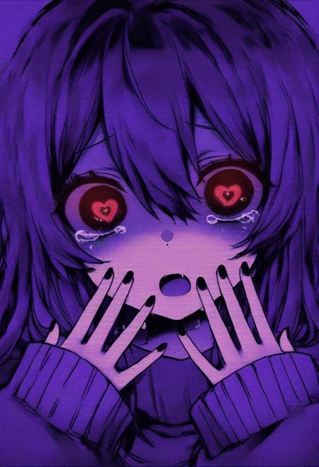 GLTST, Glitch, , 1girl, solo, symbol-shaped pupils, heart, heart-shaped pupils, red eyes, open mouth, black nails, sleeves past wrists, purple theme, sweater, tears, nail polish, long hair