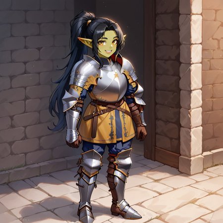 1girl, black hair, ponytail, sharp teeth, enormous lips, medieval armor, closeup, goblin woman, green skin, medieval clothes, large smile, (boisterous smile, mischievous smile), Expressiveh, yellow eyes, very muscular, pointed ears,  female goblin, Goblin, solo, long hair, gremlin energy, very short woman, mega ponytail, fully clothed, short stature, shortstack, ((armored boots, boots, shoulder armor, armor, pants, greaves, gloves, long sleeves)), broad shoulders, huge arms, Knight
