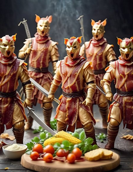 Food photography style standing, knife, depth of field, multiple boys, bacon, blurry background, 6+boys, food, male focus, corn, holding weapon, mask, open mouth, polearm, spear, intricate, highly detailed, flowing, color, cinematic, borne, frank, rich, bright, crisp, sharp, artistic, true magic, pure, light, silent, fair
 <lora:BaconXL-000009:1>, , <lora:FILM_PHOTOGRAPHY_STYLE:0.25> . Appetizing, professional, culinary, high-resolution, commercial, highly detailed