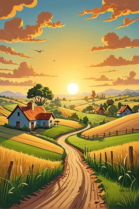 (Absurd Caricature),  A serene scene of a sunrise over a rural landscape, symbolizing new beginnings.