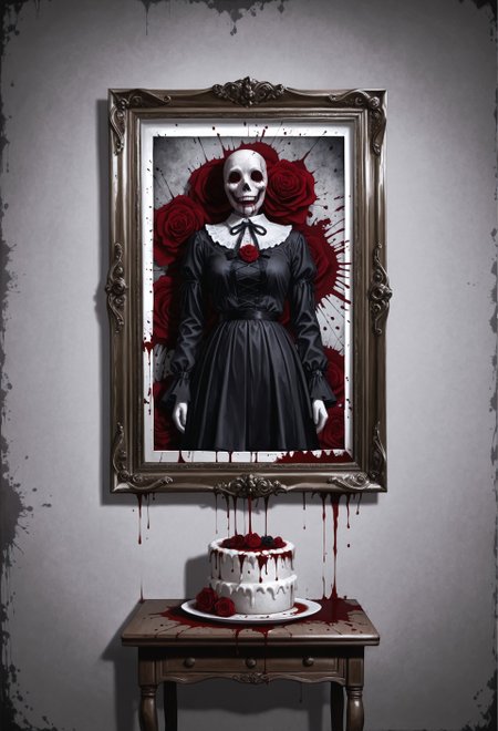 masterpiece, best quality, Dark web, professional photographic, ultrarealistic, gothic, horror, ((no humans)),  white cake, three tiers, traditional rose piping, splattered with blood, grainy vintage photo, blood splattered on the picture