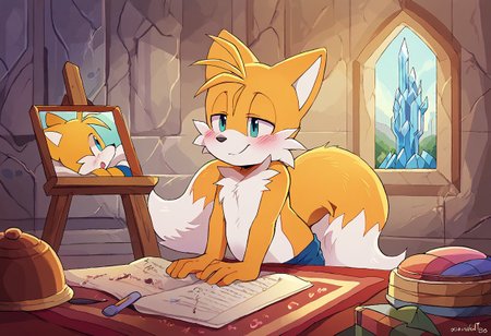 score_9, score_8_up, score_7_up, score_6_up, score_5_up, score_4_up, 
Miles Tails Prower the Fox, fox two Tails, g5, 1boy, <lora:Miles_Tails_Prower_Sonic_Character_PonyXL:0.8> , MylesPrower, two tail, fur, anthro, fox boy, Miles Prower, rich colors, crystal castle, Crystal Empire, crystal heart in the center of the square, presents a painting of rabbits and pony, aroused, front view, detailed background, Tails the foxy, solo, detailed, 8k quality, side view, beautiful, teasing, easel and brushes, leaned to the floor, close up, freely actions,