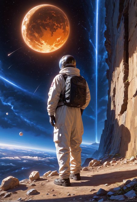score_9,score_8_up,score_7_up,embedding:zPDXL2, masterpiece,best quality,highly detailed,detailed background, film grain,colorful,glowing,hand person,Expressiveh, , solo, 1boy, standing, male focus, bag, from behind, watermark, backpack, helmet, star \(sky\), scenery, 1other, science fiction, realistic, space, planet, ambiguous gender, spacecraft, spacesuit, astronaut, starship，<lora:增强\(增强)sdxl_lightning_8step_lora.safetensors:1.0:1.0> <lora:增强\(增强)Expressive_H-000001.safetensors:0.8:0.8> <lora:增强\(增强)Hands XL 4.safetensors:1.0:1.0> <lora:增强\glowneon_xl_v1.safetensors:1.0:1.0> <lora:Vixon\收藏\Vixon's Pony Styles Illumi.safetensors:0.8:0.8>