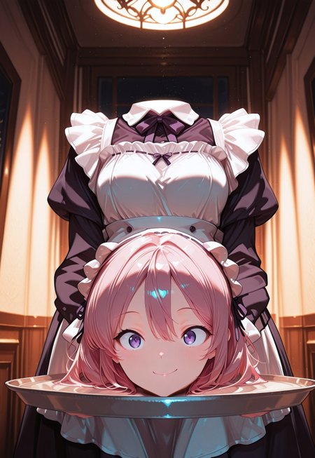 (masterpiece), best quality, amazing quality, very aesthetic, absurdres, newest, cowboy shot, extreme dutch angle, low angle, solo, woman, CivChan, purple eyes, pink hair, maid outfit, headless, puffy sleeves, apron, holds a tray with both hands, disembodied head on tray, head on tray, disembodied head, warm smile, interior, living room, volumetric lighting, cinematic lighting. <lora:CivChan:1> <lora:lightingSlider:-.3> dark, late night, blue hour <lora:add-detail-xl:1> <lora:disembodied_head_smooth_shoulder_V2illust:1> disembodied_head_smooth_shoulder,  Smooth Quality