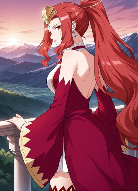 <lora:Cao_Ying__Battle_Through_the_Heavens__Illustrious:1>
1girl, solo, red eyes, sharp eyes, long hair, high ponytail, red hair, ahoge, hair ribbon, hair ornament, wavy hair, sidelocks, anime style, 
fantasy outfit, ornate dress, sleeveless dress, off shoulder, high collar, flared sleeves, asymmetrical skirt, short dress, wide sleeves, detached sleeves, red sleeves, red thighhighs, thigh boots, red boots, fantasy outfit, ornate dress, gemstone necklace, tiara,forehead jewel, earrings, elegant, royal, fantasy girl, 
score_9, score_8_up, score_7_up, source anime, BREAK, cowboy shot, (from side), looking back, looking at viewer, overlooking mountain, high altitude, scenery, exterior, background, (solo), perfect hands