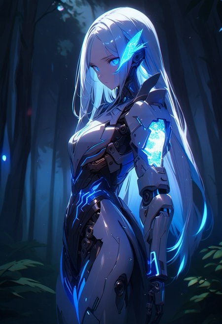 ((masterpiece), (best quality), (ultra-detailed), 
illustration, 3DMM,
1woman, deep blue eyes, blue hair , very long hair, forehead, black footwear, high heels, standing, looking at viewer, trees,  night sky, stars, forest, futuristic,  hand prosthesis, scifi , lrg prosthesis, glossy, armor, cyborg,  perfect body, silver and blue glow,  mechanical joints, from back, chiaroscuro shading, extra detailed eyes, perfect eyes,
  prostheses, cyber prostheses, glowing hair, detailed face, blue particle, upper body, face focus,)