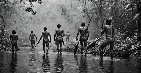 black and white photograph of few indigenous people hunting in the amazonian rain forest, insane details, dramatic lights, high definition, 35mm camera, film photography style, heavy grain, ral-chrosc-bw, masterpiece, national geographic style, strong vignette, high contrast