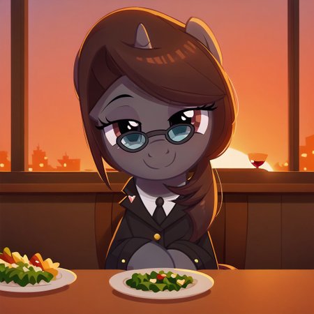 masterpiece, perfect detail, best high quality, source_pony, show accurate, cute, 1girl, female, solo, oc:sonata, glasses, attorney suit, badge on collar, pony, tail, sitting, sitting in chair, table, wine glass, wine bottle, plate, silverware on table, fork, knife, napkins, fancy restaurant, salad on plate, candles, windows, sunset, smile, closed mouth, beautiful, bedroom eyes, looking at you, facing you, sitting across from you, pov, score_9, score_8_up, score_7_up, score_6_up, score_5_up, score_4_up