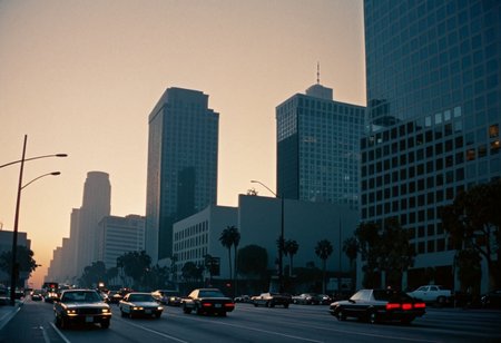 cinematic still photography, Los Angeles cityscape, dawn or dusk, warm golden light, sprawling metropolis, towering skyscrapers, bustling streets, hint of smog, cinematic framing, low-angle shot, wide lens, cinematography inspired by Dante Spinotti, direction inspired by Michael Mann, 1990s urban landscape. Hollywood action movie film style,  <lora:Hollywood action movie film style:0.85>