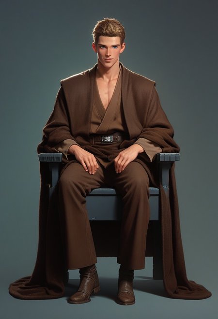 score_9,score_8_up,score_7_up,score_6_up, 1boy, boy,(handsome, cute) solo, blue eyes, blond hair, sitting on chair, smug,, very short hair,(muscular body:0.9)), Sci-fi Environments, Sci-fi chair, jedi robe, 1boy, male focus, full body,  jedi robe, belt, brown clothes, robe, coat, Coruscant