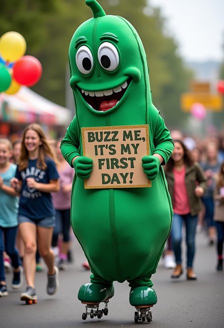 A man dressed in a goofy oversized mascot costume of a pickle, holding a glittery sign that says "Buzz me, it’s my first day!" while struggling to balance on roller skates, surrounded by a laughing crowd and children chasing him with balloons, vibrant and hilarious, 16k