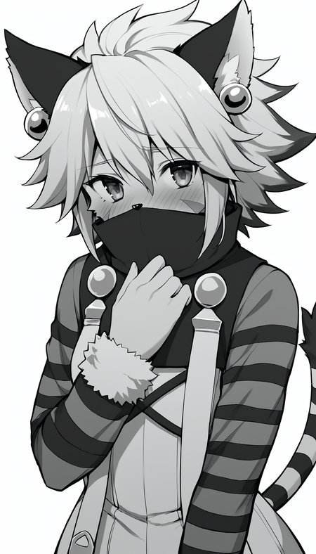 score_9, score_8_up, score_7_up, comic, monochrome, greyscale, manga, lineart,  source_anime
BREAK
<lora:ElhPDXL:1> elh, 1girl, solo, furry female, cat girl, close-up, standing, upper body, looking at viewer, hand on own chest, covered mouth, shy, blush, detailed eyes, body fur, elhattire, fur trim, cat ears, white hair, short hair, shiny hair, earrings, facial mark, animal nose, striped tail, striped sleeve, white background