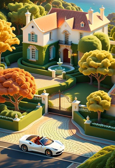 ispzxll, diorama, isometric, miniature, french mansion courtyard, meticulous gardens, paved stone driveway, mature trees, shadow canopy, intricate fountain, scenery, decorations, white ferrari sports car convertible, volumetric lighting, fence with gate, copper roof, cliffside ocean view, golden hour, long shadows
