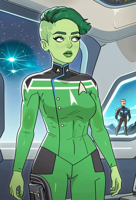 masterpiece, best quality, amazing quality, very aesthetic, high resolution, ultra-detailed, absurdres, 1girl, yoracrab, lips, D'vana Tendi, orion species, Star Trek, in a starfleet uniform, colored skin, green skin, green freckles, colored hair, green hair, undercut, science fiction, hightech, space, spacecraft,
