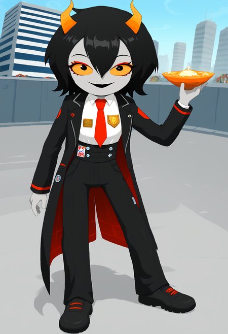 score_9, score_8_up, score_7_up, HD, best quality, masterpiece, detailed, minimalist, mspaint, 1girl, Niikou, d0nquix0tedef, Black hair, short hair, hair between eyes, horns, colored skin, grey skin, colored sclera, orange sclera, black lipstick, red eyeshadow, black coat, open coat, badge, long sleeves, white shirt, collared shirt, red necktie, black pants, high-waist pants, standing, happy, smiling, city alleyway