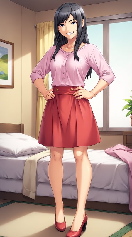score_9, score_8_up, score_7_up, best background, detailed background, 4k, upscale, anime_source,  Nanami Honda, sensitive, solo, looking at viewer, smile, skirt, jewelry, standing, full body, high heels, bracelet, red skirt, hands on hips, indoors, grin,  <lora:JN_Nanami_Honda_Pony:0.8>