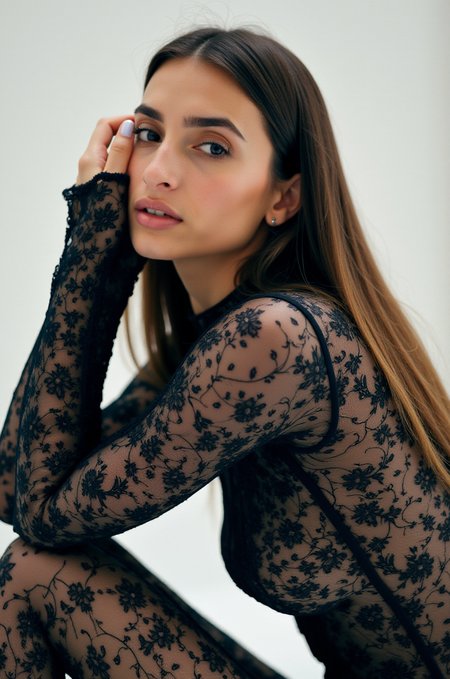 a woman with long brown straight hair wearing a lace full bodysuit, sitting leaning with her elbows on her knees, her chin resting on her hand, view is from the side, she is looking over her shoulder to the viewer, a white background