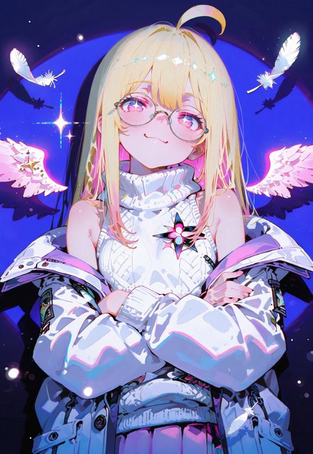 Bust shot,front view,looking at viewer,closed up,face focus

Arms crossed,smug smile

1 girl,petite,(waist length hair:1.2), straight hair,blonde hair, (vibrant pink accents hair:1.1),fair skin,pink eyes, sparkling eyes,ahoge,small wings ,floating feathers

(Loose oversized white coat:1.1), (sleeveless White turtleneck sweater:1.2), round glasses, exposed shoulders,pink skirt,star design

Dark blue flat background, (shadow:1.2), front lighting, glimmer. Features sparkling effects, (anaglyph refraction:1.5), (front spotlight:1.2), subtle (blue hue:0.8), and a strong (pink glow:1.4),(Bokeh around character:1.2),(character focus:1.2),dynamic pose, foreshortening, extreme perspective

Cunnystyle,748cmstyle,Smooth_Quality,masterpiece,best quality,amazing quality, aesthetic,(vibrant colors:1.5),(bold lines:1.3),(saturated:1.4)