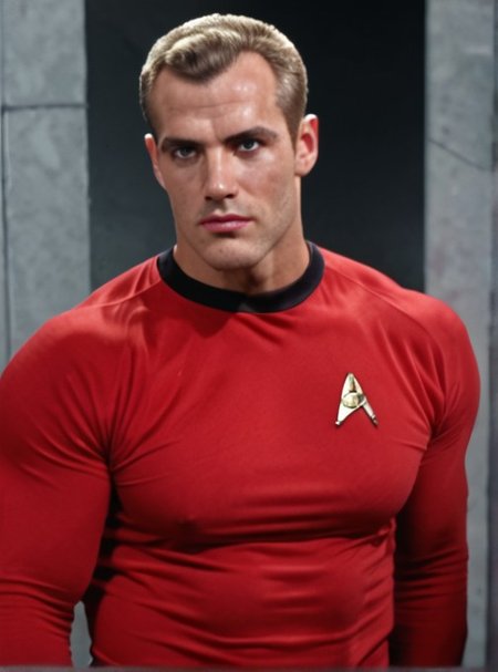 Handsome, masculine, blonde, star trek, red shirt, muscle,  tall, tight shirt, wide pectorals, big shoulders, wide shoulders, muscular neck, German, 