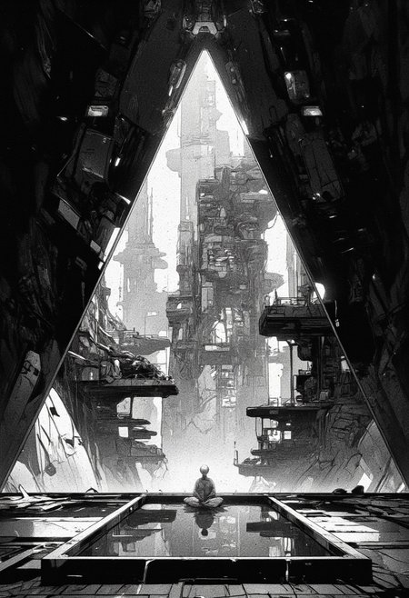 A futuristic cityscape, viewed through a large, triangular window or opening, is depicted in a digital painting style with a focus on sleek architecture and a serene, almost sterile atmosphere, reminiscent of science fiction concept art. The image portrays a highly stylized cityscape with towering structures, interconnected by a network of elevated walkways and waterways, with a figure meditating in a reflective pool in the foreground. The scene evokes a sense of advanced technology, tranquility, and perhaps, social isolation or detachment. The foreground is dominated by a minimalist platform featuring a rectangular pool of reflective water, with a figure dressed in white, kneeling in a meditative pose. The surface of the water perfectly mirrors the cityscape beyond, creating a doubling effect and adding depth to the composition. The edges of the triangular opening, through which the city is viewed, are dark and sharp, framing the scene like a stage set. The mid-ground reveals the intricate details of the futuristic city. The architecture is characterized by clean lines, geometric shapes, and a monochromatic palette with accents of glowing light. Tall, slender towers rise into the sky, some featuring transparent sections that reveal internal structures or gardens. 
,  anime, cyberpunk