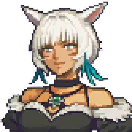 score_9, score_8_up, score_7_up, source_anime BREAK fegbaportraits, portrait, white background, shtla, dark-skinned female, slit pupils, animal ears, tail, whisker markings, short hair, large breasts, grey eyes, white hair, feather earrings, shaOtft, brooch, black halterneck, black choker, black dress <lora:zs_FEGBAPortraitsXL:1>  <lora:YshtolaRhulPDXL_V1-Manityro-CAME:0.6>