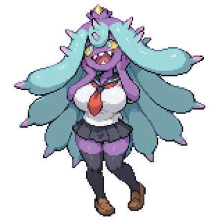 Simple background, white background, <lora:pkspif_nb_v1-2:1>,fullbody, (from front), 1girl, Solo, standing, Big breasts,  <lora:mareanieillus:1>, mareanie, anthro, furry girl, pokemon, yellow sclera, spikes, purple skin, sharp teeth, blush, smile, hand on chest, hand on cheek, open mouth, Serafuku, black thighhigh, mini skirt,  white shirt, school uniform, red necktie, black skirt, brown shoes