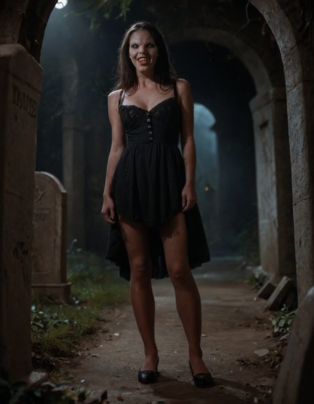 score_9,score_8_up,score_7_up,vmp,1girl,drusilla,long hair,black hair,realistic skin,from below,full body,yellow eyes,teeth,fangs,solo focus,looking at viewer,photo,realistic,dramatic lighting,chiaroscuro,depth of field,cinematic,cemetery,standing