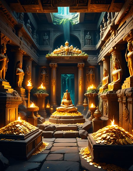 score_9, score_8_up, score_7_up,amazing quality, ultra realistic, 3D, HD, best quality, amazing quality, very aesthetic, absurdres
A hidden treasure chamber deep within an ancient temple, illuminated by the warm golden glow of torches and mystical blue light from enchanted crystals. The room is filled with piles of gold coins, jewel-encrusted goblets, and ancient artifacts covered in dust. Massive stone statues of forgotten deities guard the chamber, their eyes glowing faintly as if watching intruders. In the center, a grand pedestal holds a legendary artifactâan ornate golden crown encrusted with emeralds and sapphires, shimmering with an otherworldly aura. The walls are adorned with intricate carvings depicting lost civilizations, and creeping vines hint at centuries of abandonment. The atmosphere is mystical and slightly eerie, with a sense of both wonder and danger. The air is thick with the scent of aged parchment and burning incense, adding to the chamberâs ancient and mysterious feel. Cinematic lighting with dramatic shadows enhances the depth and richness of the scene, creating a visually stunning and immersive environment.
<lora:SDXLFaeTastic2400:0.4> <lora:extremely_detailed:0.4> extremely detailed,treasure ch4mb3r, <lora:treasure_ch4mb3r-p:1>