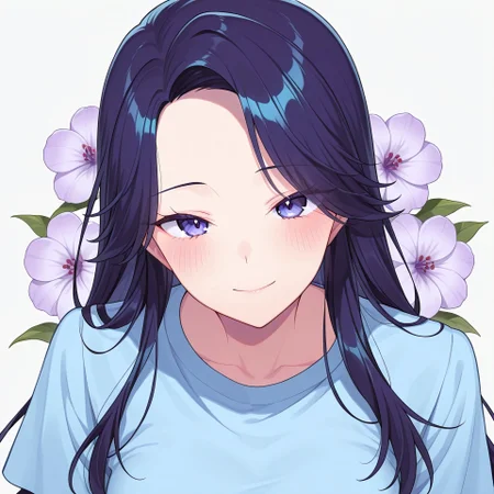 long hair, best quality, 8k, absurdres, very aesthetic, ultra-detailed, best illustration, best background, floral background, purple floral background, masterpiece, amazing quality, best background, looking at viewer, blue shirt, hair tuck, smile