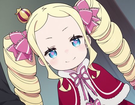 score_9, score_8_up, score_7_up, source_anime, <lora:rezero-beatrice-s3-leak-ponyxl-lora-nochekaiser:1>, beatrice, long hair, blue eyes, blonde hair, twintails, hair ribbon, sidelocks, symbol-shaped pupils, drill hair, twin drills,, dress, ribbon, fur trim, capelet, crown, mini crown, red capelet, frills, bowtie,, indoors, bent over, smile, smug, looking at viewer, solo,, cowboy shot, dutch angle