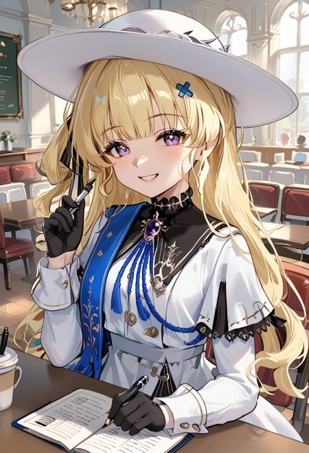score_9, score_8_up, score_7_up, BREAK source_anime, (masterpiece), (best quality), 1girl, blonde hair, purple eyes, long hair, black gloves, solo, hat, smile, white dress, long sleeves, hair ornament, happy mood, looking at viewer, smile, blush, closeup upper body, sitting on chair, cafe, notebook on table, grabbing a pen, (ultra detailed), colorful light, shine, (from front:1),  <lora:Phoebe-V1:1>