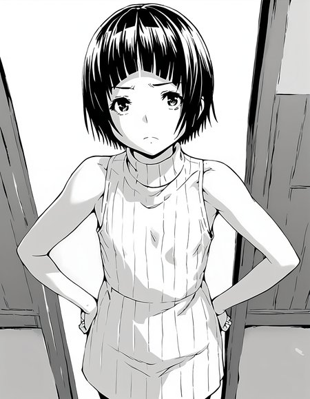 score_9, score_8_up, score_7_up, score_6_up, score_5_up, score_4_up, greyscale, monochrome,
1girl, solo,
KonomiHarukaze_T1V1, short hair, blunt bangs, flat chest,
turtleneck sweater, sweater dress, sleeveless,
standing, hands on own hips,
looking at viewer, frown,
indoors, from above, cowboy shot,
<lora:KonomiHarukaze_T1V1_epoch_31:0.85>,