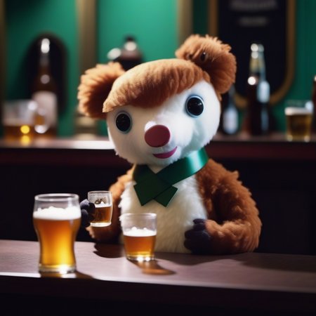 cinematic photo a stuffed animal having a beer in a pub <lora:Colargol1024:0.9> . 35mm photograph, film, bokeh, professional, 4k, highly detailed