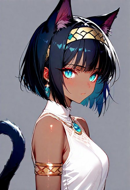 masterpiece,best quality,1girl,solo,tail,animal ears,cat ears,cat tail,simple background,dark-skinned female,black hair,cat girl,jewelry,looking at viewer,earrings,short hair,dark skin,slit pupils,closed mouth,grey background,hairband,shirt,bare shoulders,sketch,white shirt,blue eyes,white dress,upper body,bob cut,tail raised,sleeveless,armlet,white background,piercing,aqua eyes,<lora:mochi:0.7>,mochi,<lora:dilanshengxue-waiNSFWIllustriousv12-v1.5:0.3>,dilanshengxue,cinematic lighting,