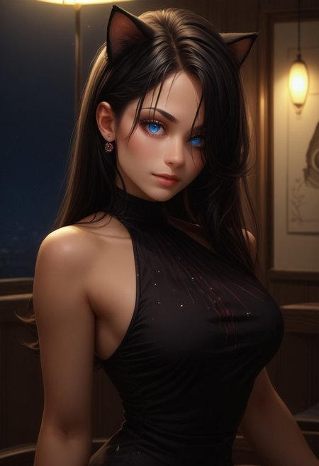 score_9, score_8_up, score_7_up, detailed, 1girl, solo, intricate details, chromatic aberration, realistic, long hair, black hair, cat ears, hair over one eye, blue eyes, earrings, sharp eyes, black halter top mini dress, night time, inside a crowded night club, neon lighting, dim lighting,  looking at viewer