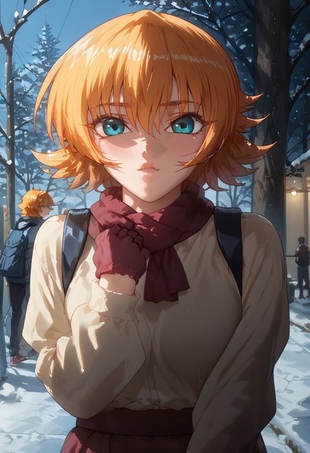 score_9, score_8_up, score_7_up, score_6_up, score_5_up, score_4_up, masterpiece, perfect face, perfect eyes, 4ng3l face, beutiful girl, 1girl, looking at viewer, shy expression, large parka, tasasgi, igawa sakura, orange hair, blue eyes,
Walking in snowy park,